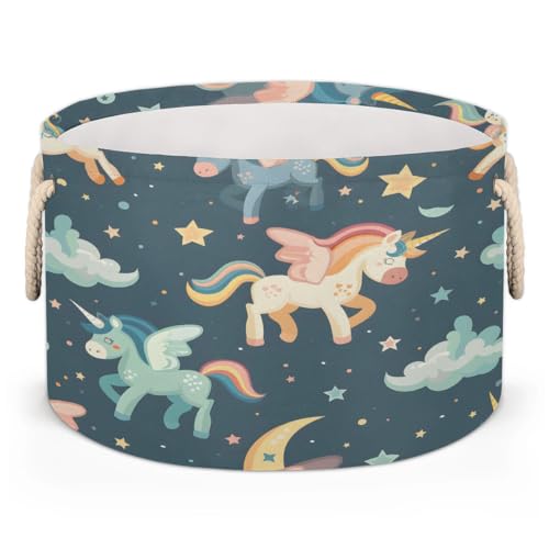 Tablerazzi Cute Unicorn Cloud Large Round Blanket Basket Bin, Blanket Basket for Living Room Collapsible Fabric Laundry Hamper Basket with Handle
