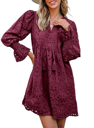 Image of Dokotoo Womens 2026 Boho Dress Tassel V Neck Long Sleeve A Line Casual Hollow Out Lace Ruffle Party Dresses