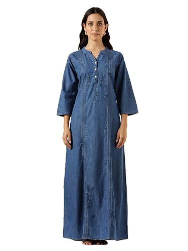 Image of 9shines Label Comfortable Cotton Denim Finish Nightdress for Women with Button Placket and Pocket(9SDLSS)
