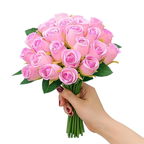 Image of Set of 24 Pcs Artificial Rose Flowers Bunches for Vase - Home Decoration Gift Items for Living Room Corner Table Top Bedroom Wedding (Pot Not Included) - 24 CM (Pink-Purple)