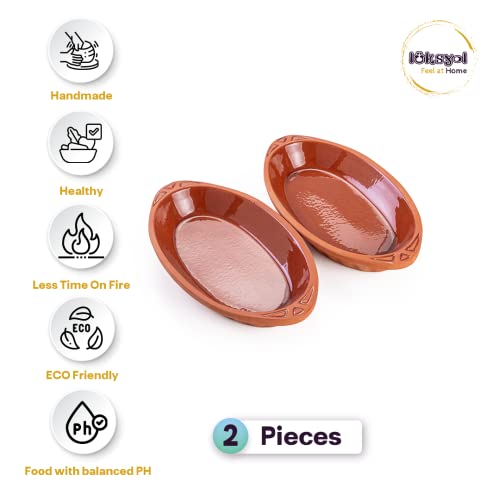 Luksyol Terracotta Oval Oven Tray (Wh) With Handles, Pan For Mexican Indian Korean Dishes, Handmade Cookware, Glazed Clay Pot For Oven, Clay Pot For Cooking, Clay Pan For Cooking, Brown Oven Pot Set 2 Pcs #TOP4