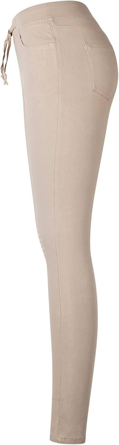 Women's Super Stretch Flexible Fit 5 Pocket Ripped Skinny Pants w/Elastic Waist Band & Draw String - Image 3