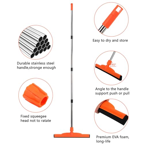 Image of Floor Squeegee Scrubber, 17'' Heavy Duty Household Broom EVA Foam Blade Rubber Wiper Squeegee for Concrete Floor Garage Shower Bathroom Tile Scrubber 60'' Long Handle Multifunction Magic Broom(Orange)