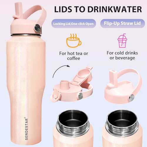 Image of SENDESTAR 40oz Stainless Steel Water Bottle(Cold for 48 Hrs, Hot for 24 Hrs),Double Wall Vacuum Insulated Bottle with Straw Lid, Spout Lid and Flex Cap, Fit in Any Car Cup Holder