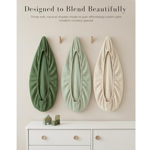 Image of MairMore 3 Pack Muslin Bassinet Sheets for Babies, Soft & Breathable 100% Cotton Fitted Sheets for Oval, Rectangle, Hourglass Bassinet Mattress Pads (Grass Green)