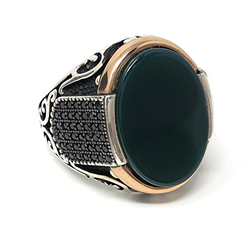 KAR New 925K Sterling Silver Green Agate (Aqeeq) Stone Men's Ring w/Zircon K62M (10)
