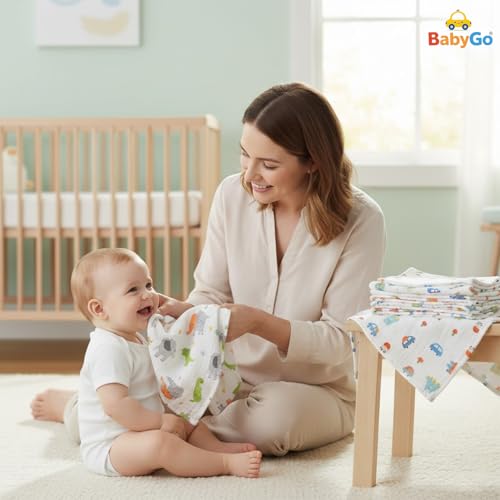 Image of BabyGo Baby Muslin Washcloths, Super Soft 100% Cotton Face Towels | Reusable Hygiene Wash Cloth | Napkin for New Babies | Soft Hankies for Children (Small 30X 30Cm,(Pack of 5)