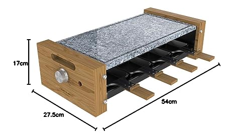 Cecotec Raclette Cheese&Grill 8600 Wood AllStone. Potencia 1200 W, Placa piedra natural, 8 sartenes individuales, Termostato regulable, Diseño extraíble