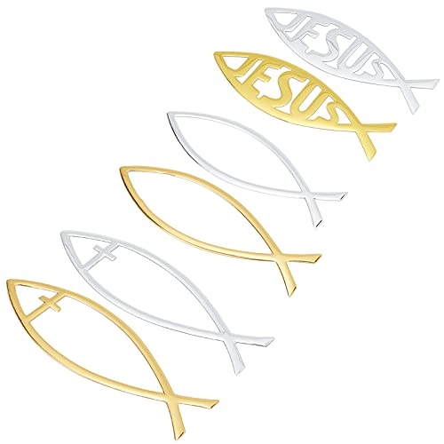 SUPERFINDINGS 6pcs 6 Styles Jesus Fish Decal Sticker PVC Fish Car Emblem Religious God Jesus Christian Fish Cross Symbol Gold Sliver for DIY Car Decoration 5.9x2inch