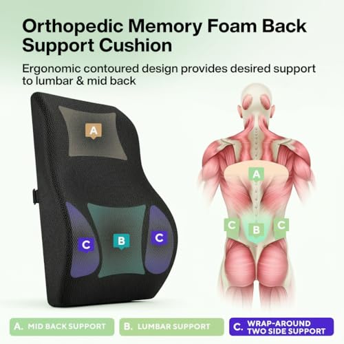 Image of Back Support Cushion for Office Chair & Car | Premium Memory Foam Lumbar Support | 2 Year Warranty | Back Pain Relief, Posture Correction & Adjustable Strap | Breathable Mesh Cover | Made in India