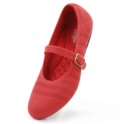 Image of Frank Mully Women's Mary Jane Flats Comfortable Dressy Ballet Flats Casual Round Toe Slip On Washable Knitted Fabric Office Work Woman Shoes