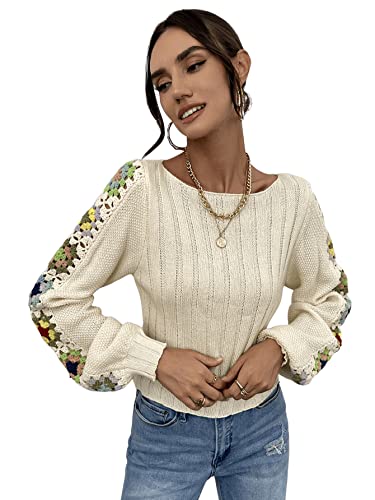 Sweatyrocks Women's Casual Boat Neck Long Sleeve Top Floral Knitted Pullover Sweater Beige M #TOP3