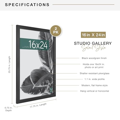 MCS Studio Gallery 16x24 Poster Frame Black Woodgrain, Vertical & Horizontal Wall Hanging Large Picture Frame for Photos, Posters & Art Prints (2-Pack)