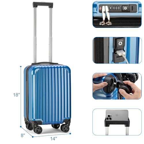 Personal Item Suitcase 18x14x8 Inches Hardside Built In TSA Lock & USB Port Lightweight Luggage Silent Double Spinner Wheels Maximum Underseat Carry-On Bag For Spirit and Frontier (Royal Blue)4