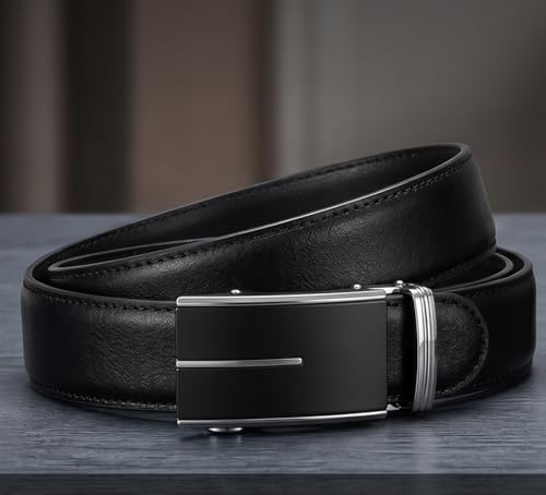 Image of JINIU Men's Ratchet Belt Buckle, Black Genuine Leather Slide Belt for Men Dress Suit, Micro Adjustable Trim to Fit Boxed