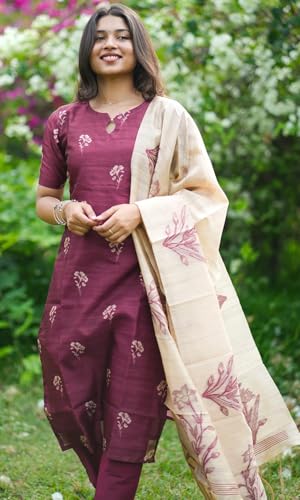 Image of Sun Fashion And Lifestyle Kurta Sets for Woman | Kurti Set | Women's 3 Piece Kurta Pant Dupatta Set | Chanderi Silk Kurta Woman | Elegant Suit for Women | Dupatta