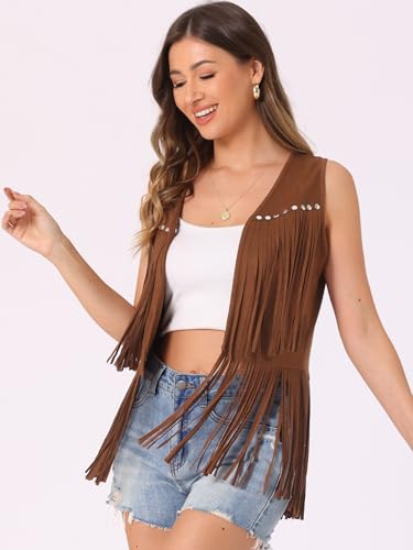 Image of Allegra K Women's Fringe Top Vest Open Front Western 70s Outfits Faux Suede Tassel Cardigan