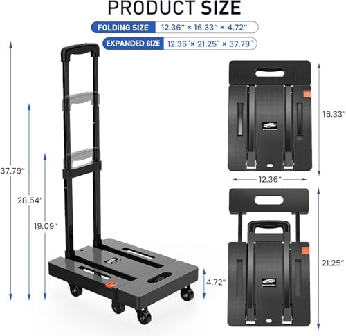 Image of SPACEKEEPER Folding Hand Truck, 500 LB Heavy Duty Luggage Cart, Utility Dolly Platform Cart with 6 Wheels & 2 Elastic Ropes for Luggage, Travel, Moving, Shopping, Office Use, Black