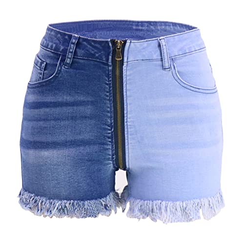 JEKE-DG Womens Zipper Patchwork Jean Shorts High Waist Casual Denim Shorts with Pockets Frayed Raw Hem Denim Shorts (X-Large,Blue)