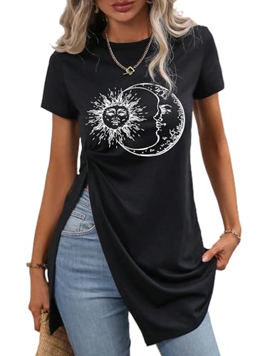 Remidoo Women's Split Hem Tops Casual Graphic Tee Twist Knot Front Short Sleeve Long T Shirt Sum Black Small