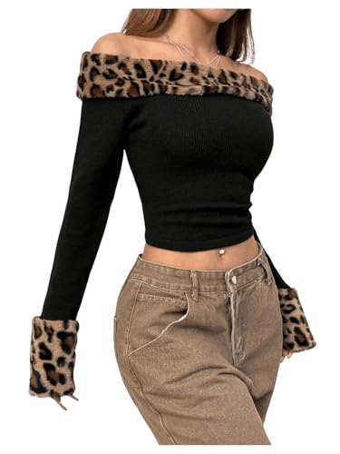 Floerns Women's Leopard Print Plush Off Shoulder Crop Sweater Long Sleeve Y2K Pullover Top