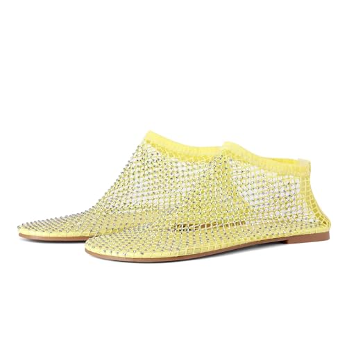 Image of Mesh Ballet Flats Round Toe Shiny Gem Mesh Flats Rhinestone Short Boots Sexy Sandals Cutout Sparkly Comfortable Beach Casual Dress Flats for Women