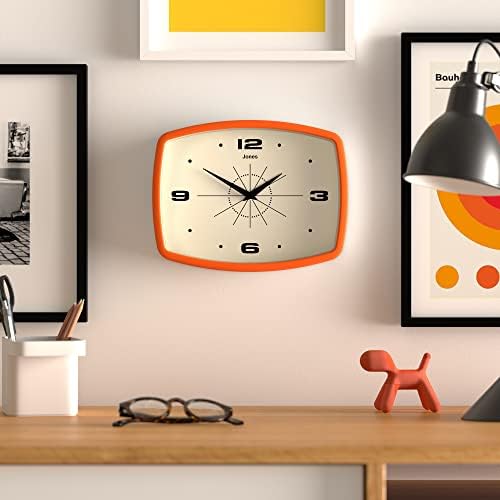 Jones Clocks® Movie Retro Wall Clock - Square Clock - Rectangular Clock - Kitchen Clock - Office Clock - Retro Clock - Designer Clock - Colourful Case - Arabic Numerals (Orange)