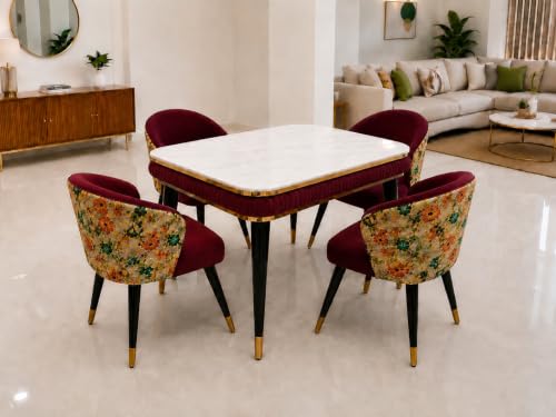 Image of WOODEN SPACE Majestic 4 Seater Wooden Dining Table Set | Urban Marble Top Dining Table with Chairs for Dining Room & Kitchen (Modern Classic Printed Maroon) (54 x 36 x 30 inch)