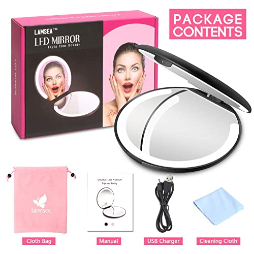 Led Lighted Travel Makeup Mirror Foldable, Dual Sided Vanity Mirror With Lights Portable Compact Illuminated Folding Tabletop Cosmetic Mirror, 1X/5X Magnifying Handheld Pocket Mirrors(2023 Upgrade) #TOP6