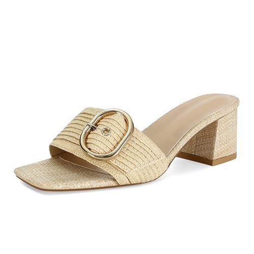 Womens Heeled Sandals Open Square Toe Heels Chunky Block Heel Slip On Beach Summer Casual Sandals