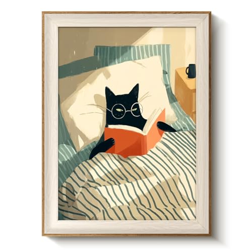 VIYYIEA Wide Framed Whimsical Scholarly Black Cat Reading in Bed