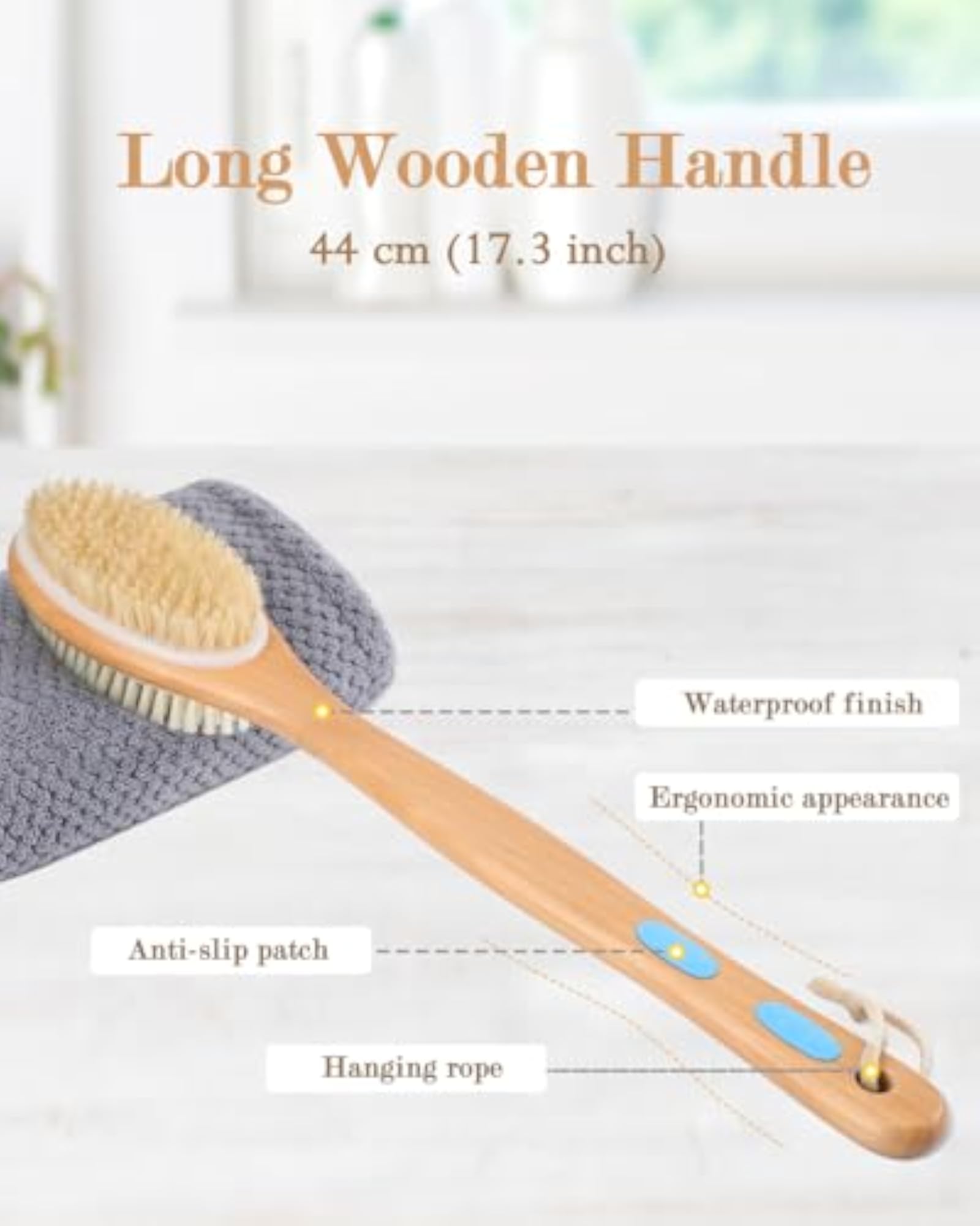 Long Wooden Handle Back Scrubber for Shower, Dual-Sided