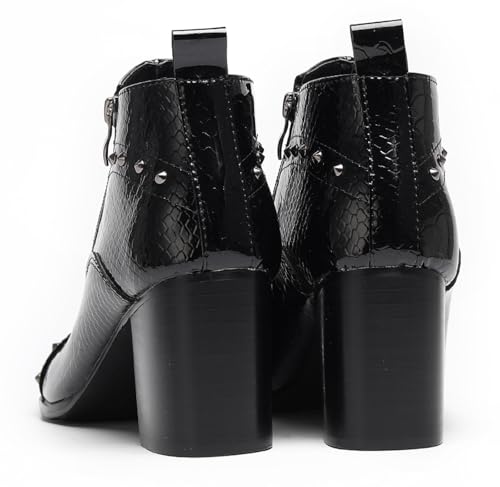 Santimon Men’s Patent Leather Studded Ankle Western Boots – Causal Dress Chelsea Boots with Block Heel & Side Zip, Rock Cowboy Boots for Stage, Party4