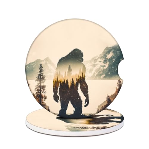Image of Car Cup Holder Coasters - Bigfoot Mountains Forest Absorbent Ceramic Coaster 2 Pack, Car Coasters for Cup Holders, Fashion Car Interior Accessories Drink Coaster for Women & Men