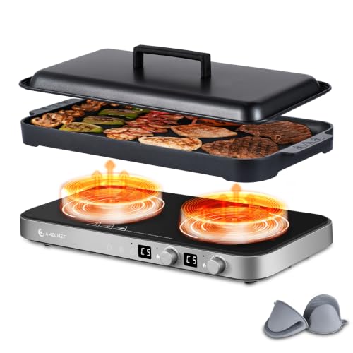 AMZCHEF Double Induction Cooktop, 1800W 2 Burner with Griddle Pan, Grey