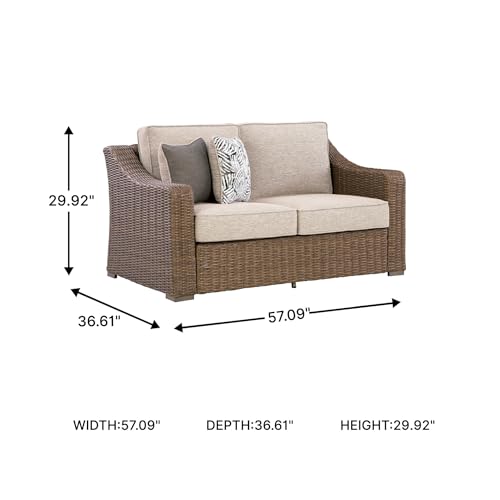 Image of Signature Design by Ashley Carmel Bay Outdoor Loveseat with Cushion, Beige | All-weather resin wicker over rust-resistant aluminum frame, Roomy 60-inch seating, Fade-resistant cushions