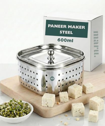 Image of MARU Steel Paneer Maker Box 600ml, Square Shape Paneer Press with Lid, Tofu Press Mould, Whey Separator Channi, Healthy Homemade Paneer /Tofu /Sprouts Maker, Durable & Easy to Clean (12x12x5.5 cms)