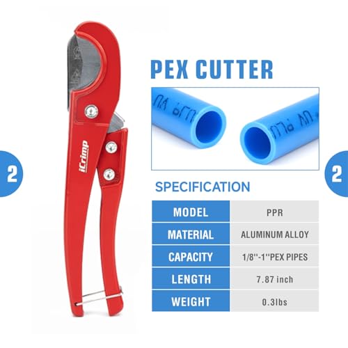 Image of iCrimp PEX Clamp Tool PEX Fitting Kit for Cinch and Removal 3 /8-in, 1 /2-in, 3 /4-in, 1-in PEX Clamps, c /w 1 /2''(20 Pack) PEX Clamp Rings, Brass PEX Crimp Fittings(12 Pack), PEX Tubing Cutter