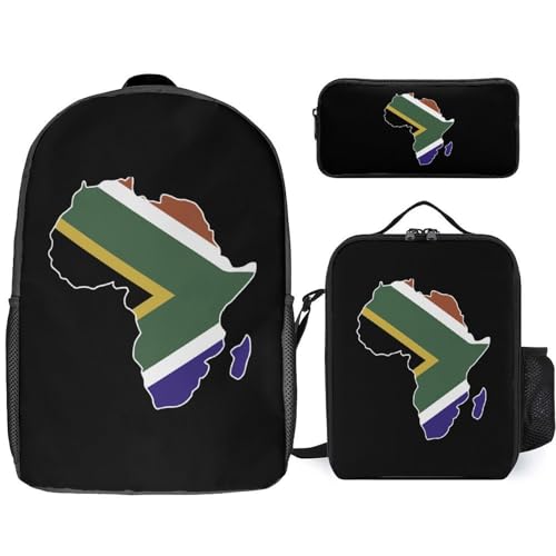 South Africa Flag Africa Map Classic Backpack Lunch Bag Pencil Case 3 Piece Set Travel Daypack
