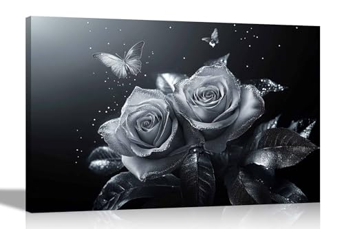 Image of Artley Prints - Dust Silver Roses Butterflies Canvas Prints Pictures for Living Room Conservatory Hallway Home Office Hanging Large 86 x 61cm (34 x 24 inches) A1