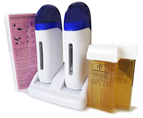 Crisnails® Kit de Depilación Profesional, 1 Calentador de Cera Tibia Roll-on(Modelo Doble), 2 Cartuchos de Cera(100ml/ud), 1 Paquete de Bandas Depilatorias(100uds) Cover