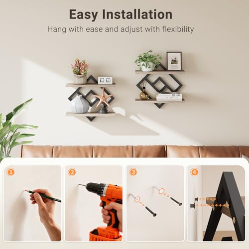 Image of ELYKEN Floating Shelves for Wall, Set of 2 Hanging Shelves, 2-Tier Wall Mounted Storage Shelves for Books & Decor, Perfect for Living Room, Bedroom, Kitchen, Home Office, Study, Greige