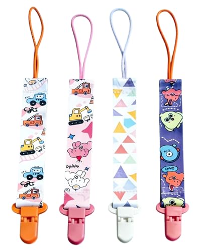LEEQBCR 4 Pcs Chupetero de clip para Bebé,Ajustable Cadena para Chupete Bebe,Cadena de Chupetes para niños y niñas,Diseño de Una Pieza,Sin BPA,Protege a tu bebe