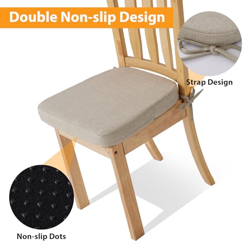 Chair Cushions for Dining Chairs, 2" Thick Seat Cushions for Kitchen Chairs, D-Shaped Chair Pads with Washable Cover, Ties and Non Slip Backing, 17'' x 16'', Set of 4, Beige