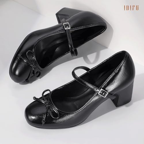 Image of IDIFU IN2 Mary Janes for Women Closed Toe Block Heels Cute Bow Dress Shoes
