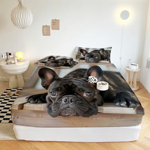 XCQHZYQ Lenzuolo con Angoli Matrimoniale Bulldog Francese Animale Stampa 3D Traspirante Elasticizzati Microfibra Lenzuola Copriletto 160x200 cm per Letto Singolo/Matrimoniale