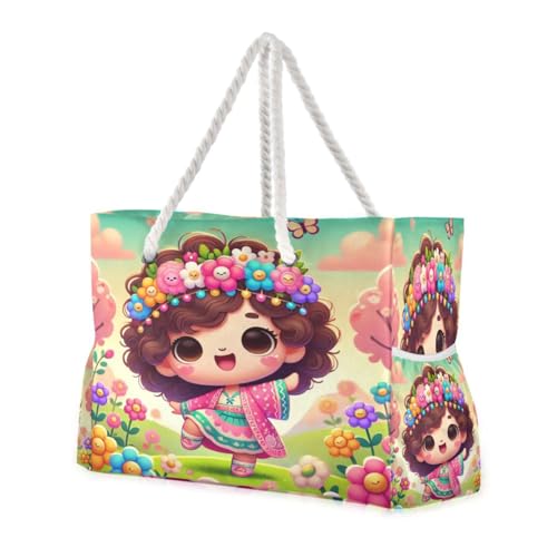 Flower Wreath Colorful Beach Tote Bag for Women Waterproof Extra Large Swim Pool Beach Bags with Zipper Travel Tote Bags Carry On Bag for Gym Vacation Essentials Nurse Grocery Yoga