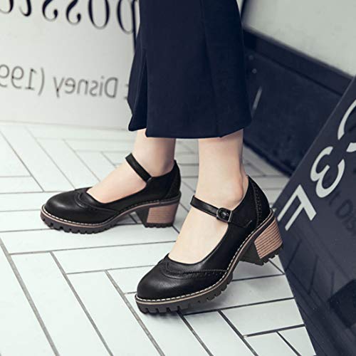 VOKLIN Women's Retro Mary Jane Pump Oxford Brogue Round Toe Platform Chunky Block Heel Vintage Dress Shoes 6