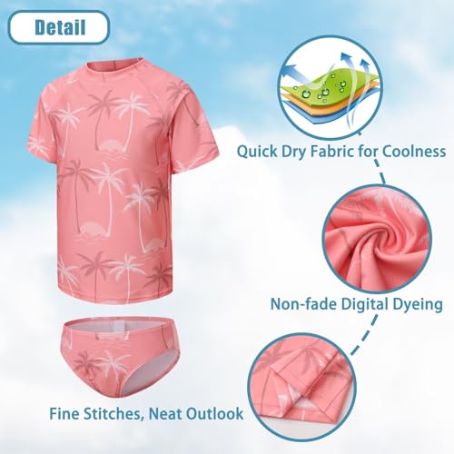 Image of Girls Two Piece Rash Guard Swimsuits Set Short Sleeve Bathing Suit for Kids Hawaiian Swimwear Set 3-16 Years