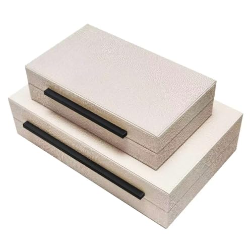 Image of Sagala Set of 2 Beige Shagreen Decorative Boxes With Black Metal Handles, Faux Leather Jewelry Boxes Modern Storage Boxes Photo Boxes Memory Boxes Home Organizer (Beige-Black Handle)